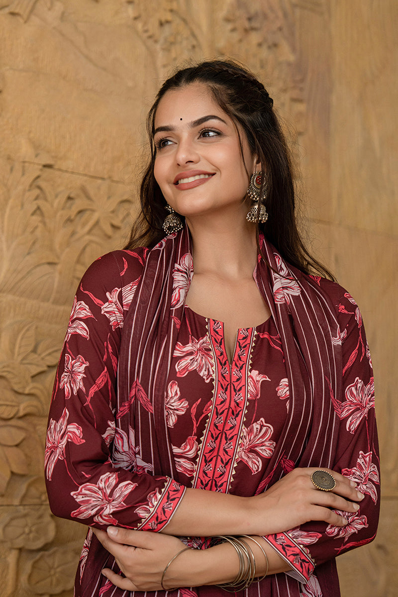 Black Floral Printed Rayon Kurta Pant with Dupatta, 3pc set