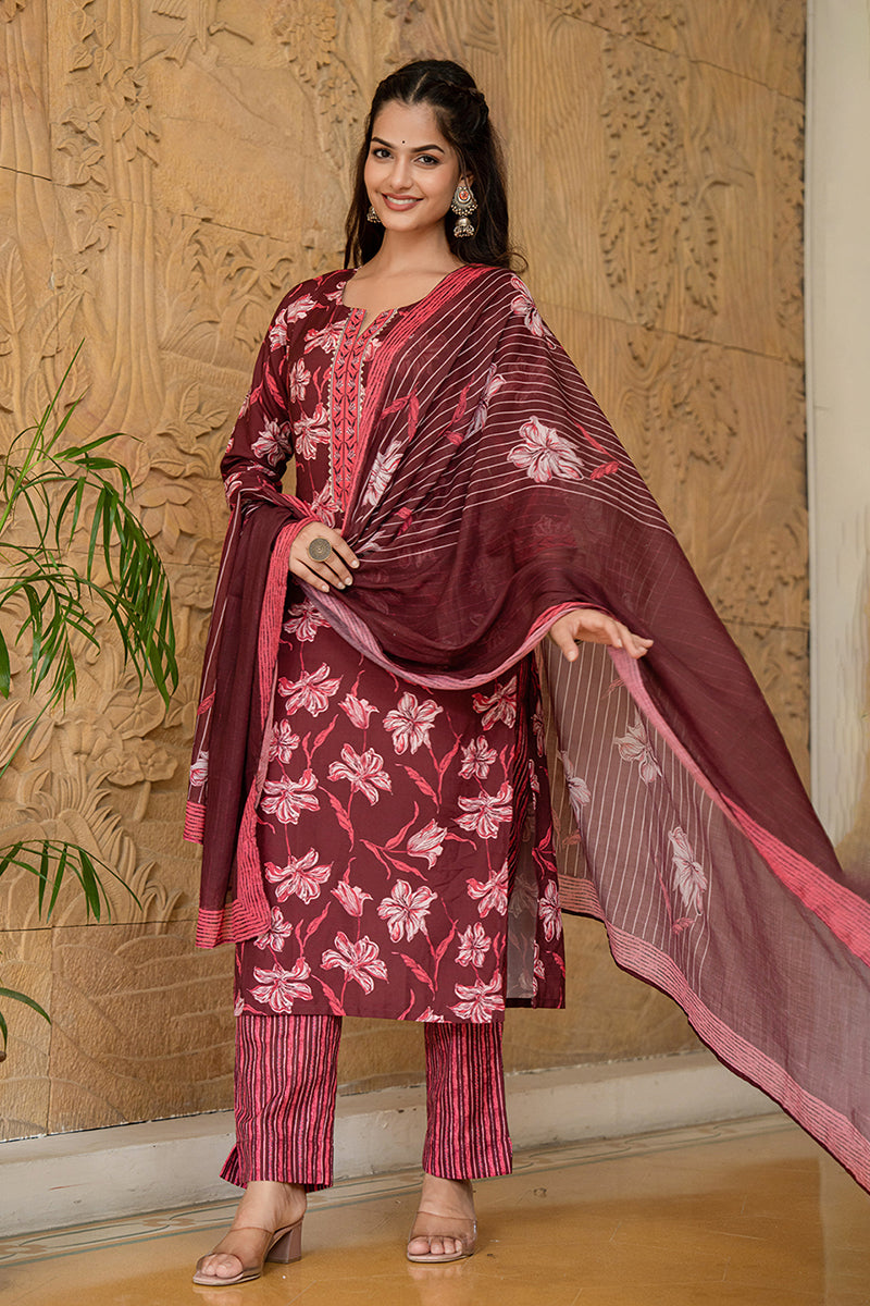 Black Floral Printed Rayon Kurta Pant with Dupatta, 3pc set