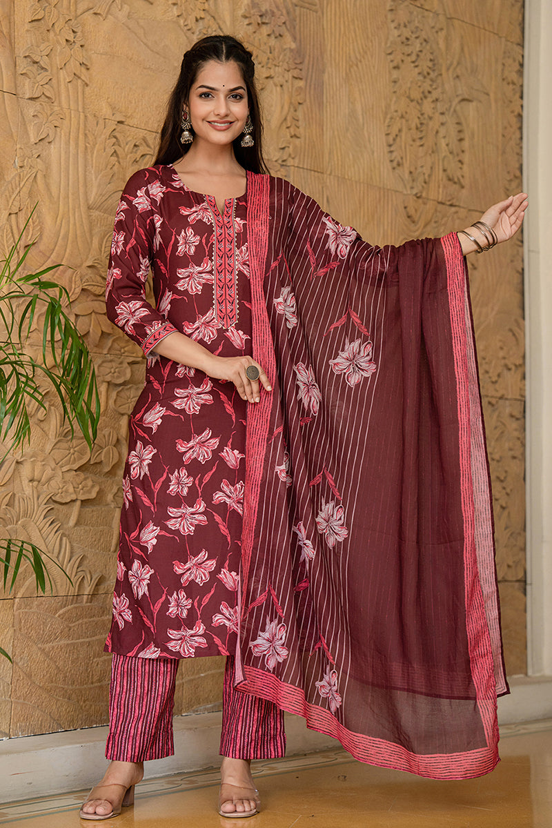Black Floral Printed Rayon Kurta Pant with Dupatta, 3pc set