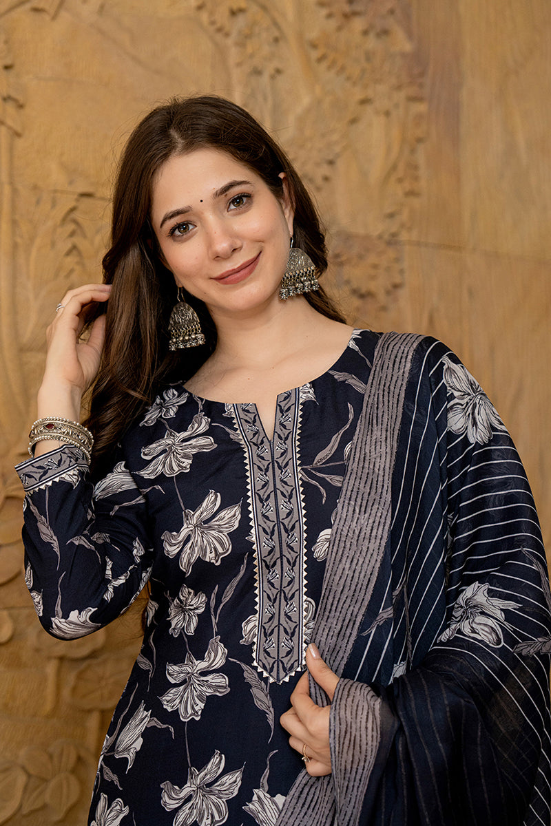 Black Floral Printed Rayon Kurta Pant with Dupatta, 3pc set