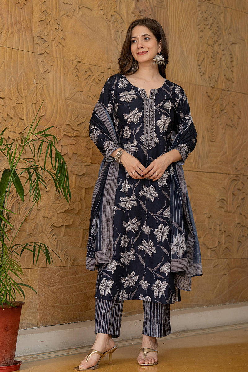 Black Floral Printed Rayon Kurta Pant with Dupatta, 3pc set