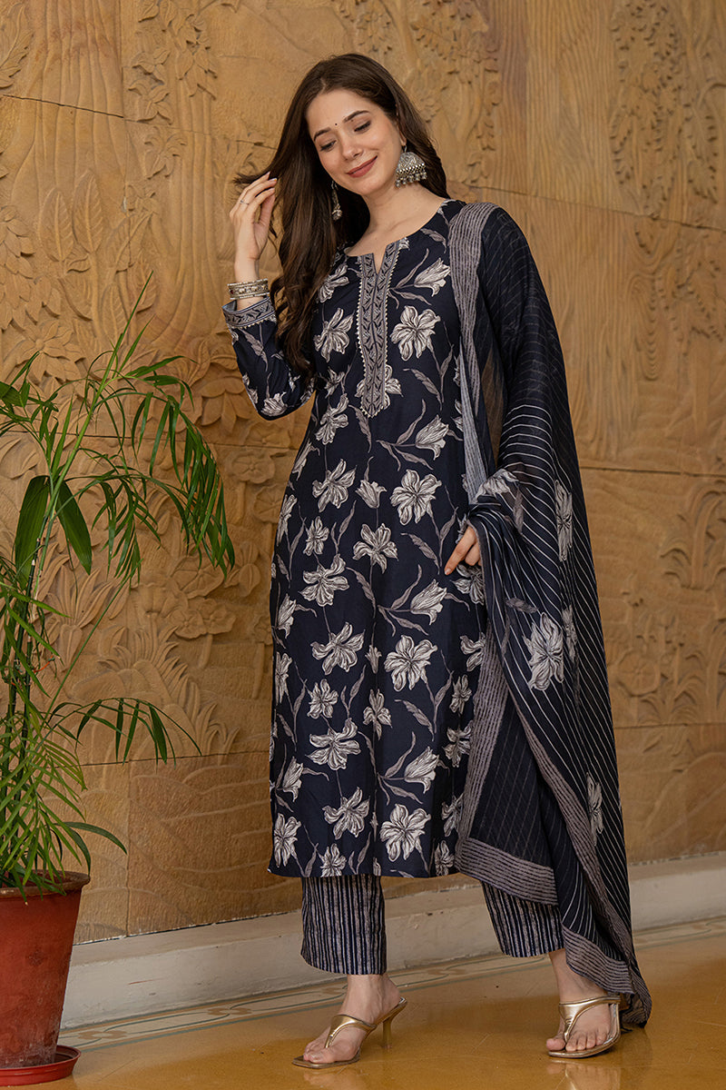 Black Floral Printed Rayon Kurta Pant with Dupatta, 3pc set