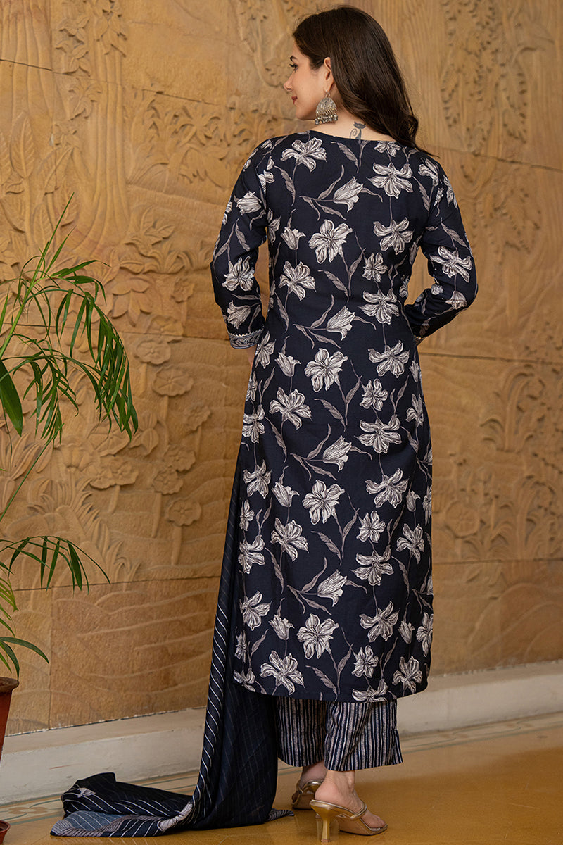 Black Floral Printed Rayon Kurta Pant with Dupatta, 3pc set