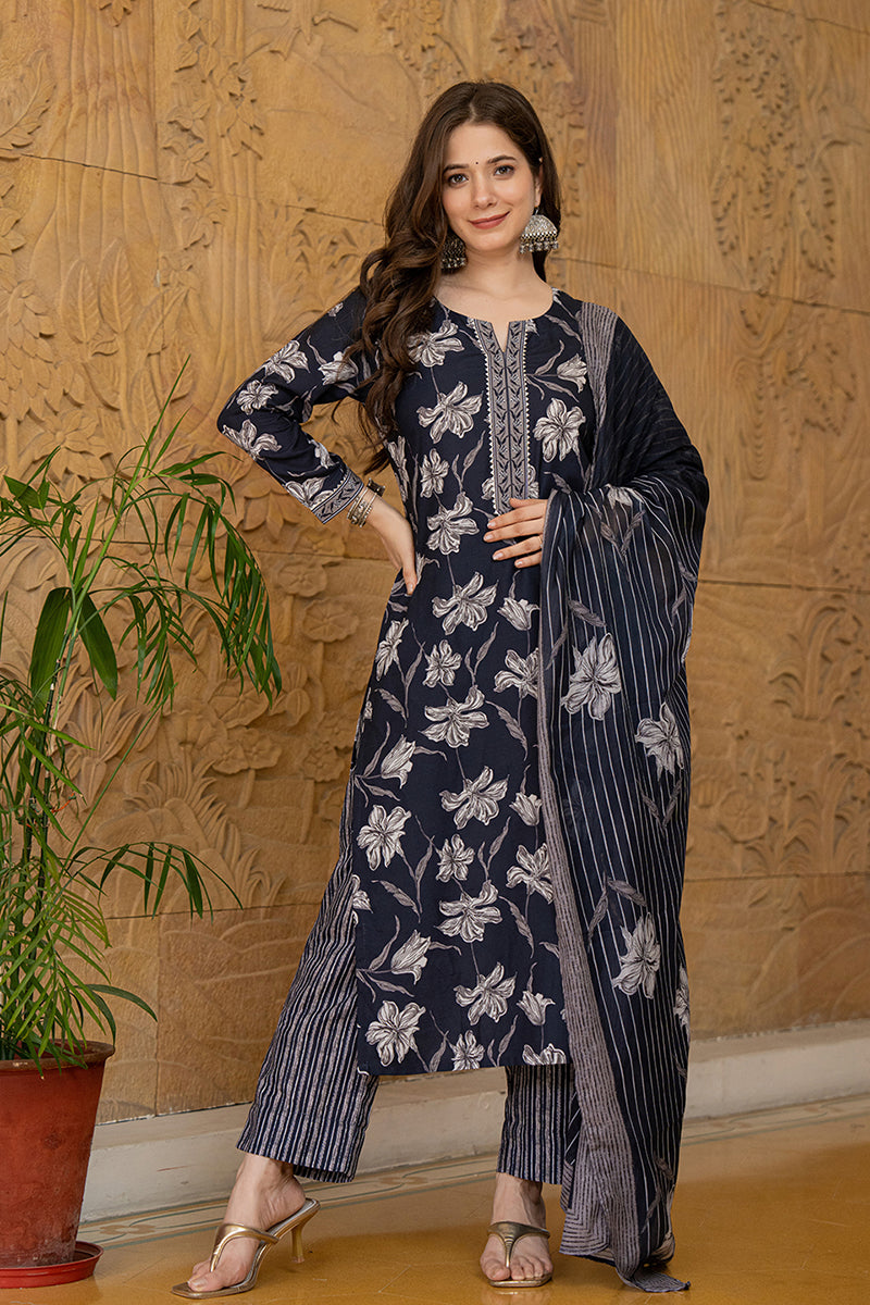 Black Floral Printed Rayon Kurta Pant with Dupatta, 3pc set