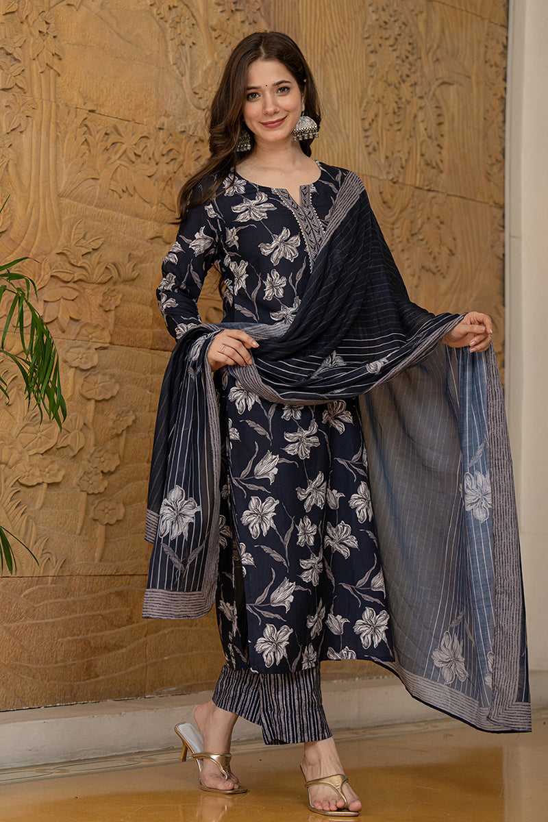 Black Floral Printed Rayon Kurta Pant with Dupatta, 3pc set