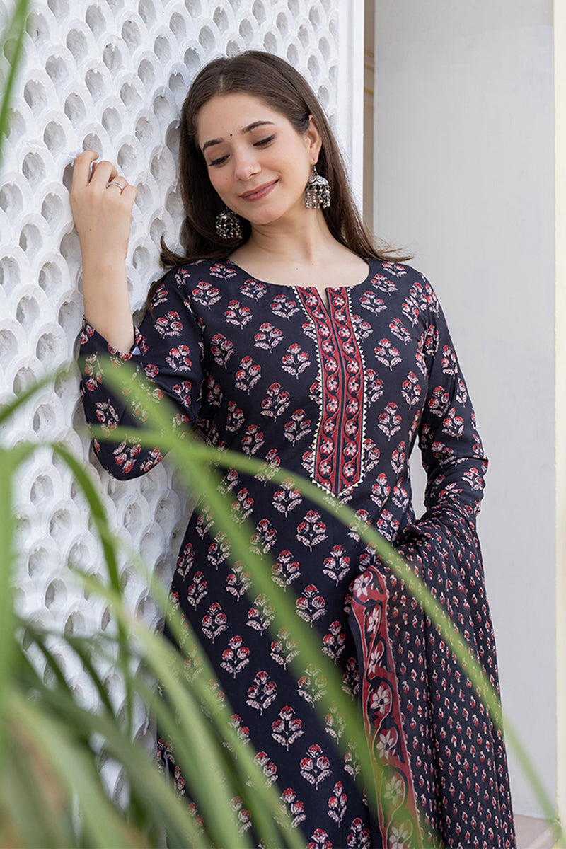 Black Printed Rayon Kurta Pant with Dupatta, 3pc set