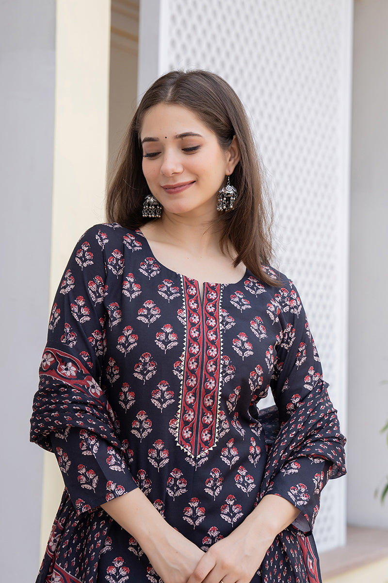 Black Printed Rayon Kurta Pant with Dupatta, 3pc set