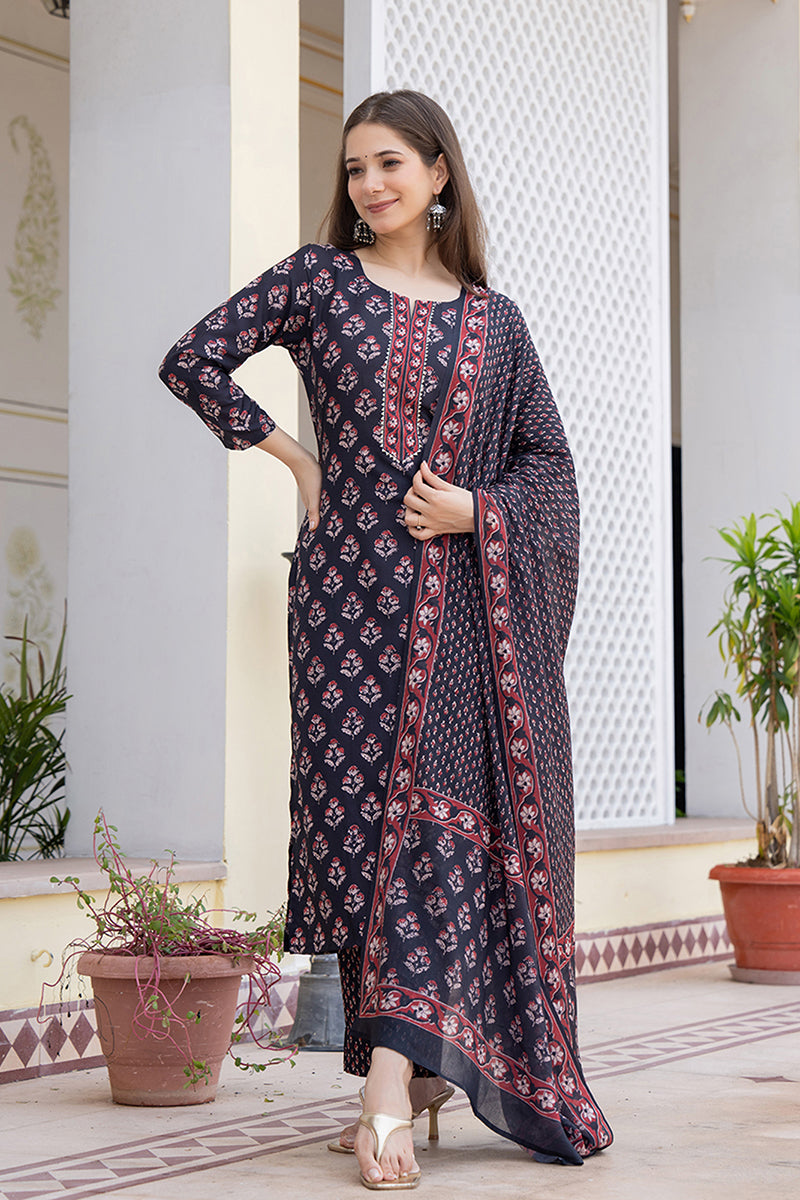 Black Printed Rayon Kurta Pant with Dupatta, 3pc set