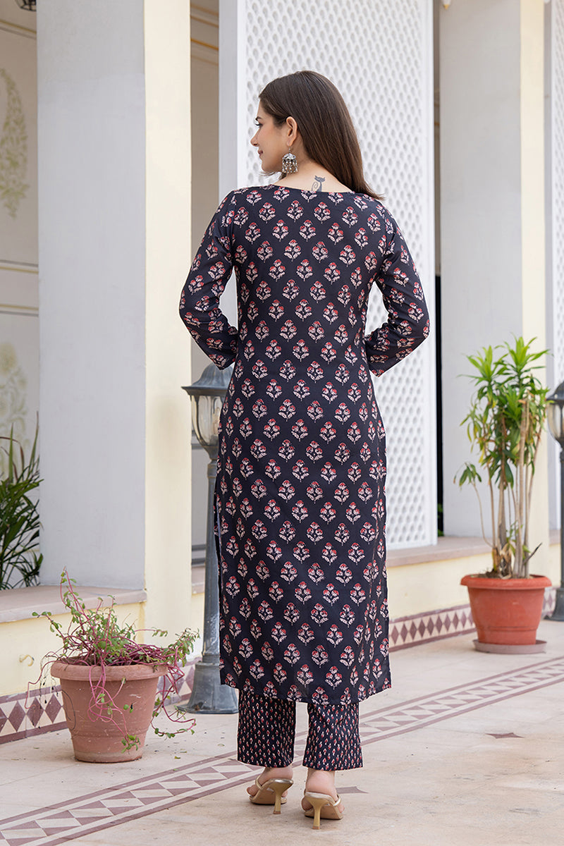 Black Printed Rayon Kurta Pant with Dupatta, 3pc set