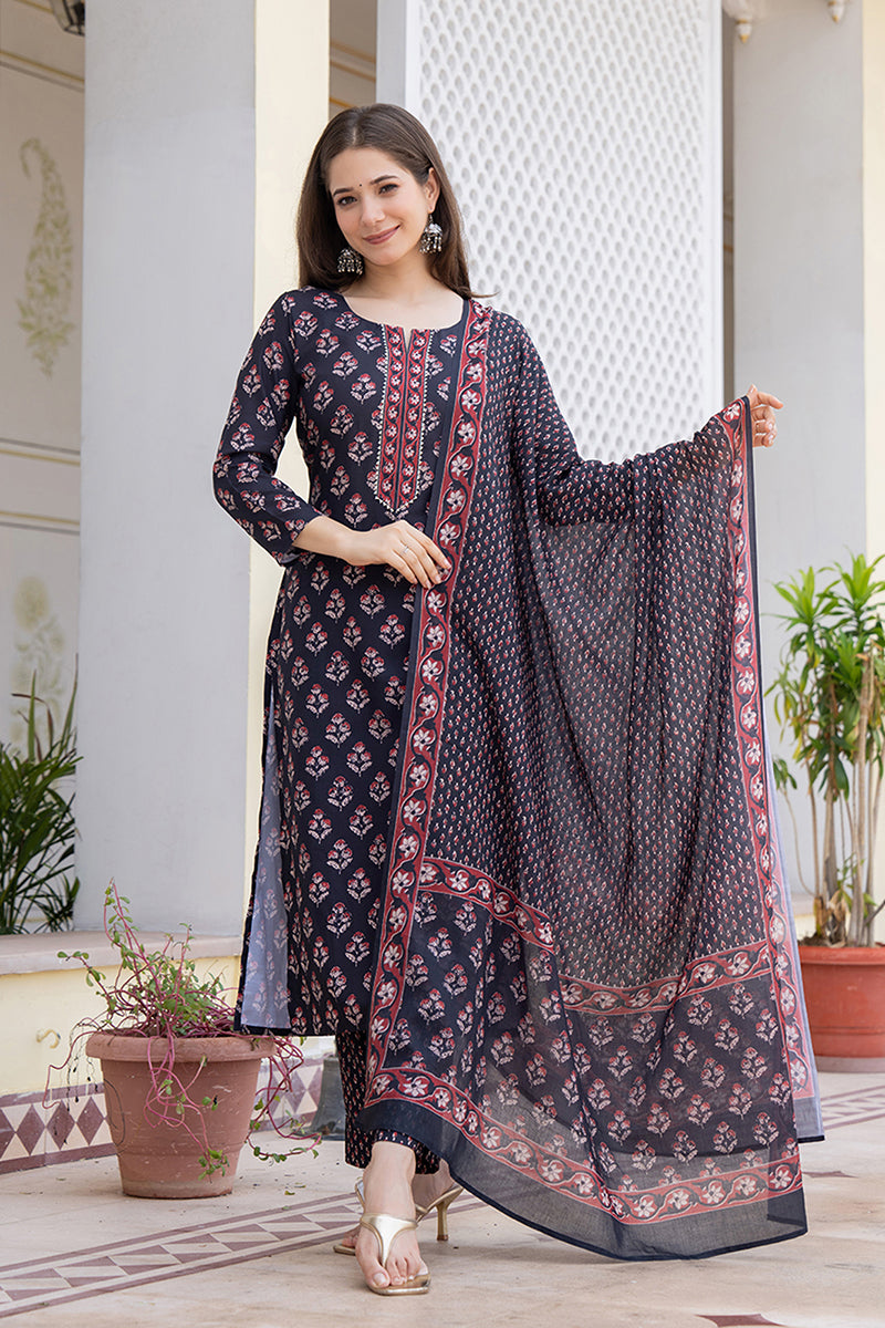 Black Printed Rayon Kurta Pant with Dupatta, 3pc set