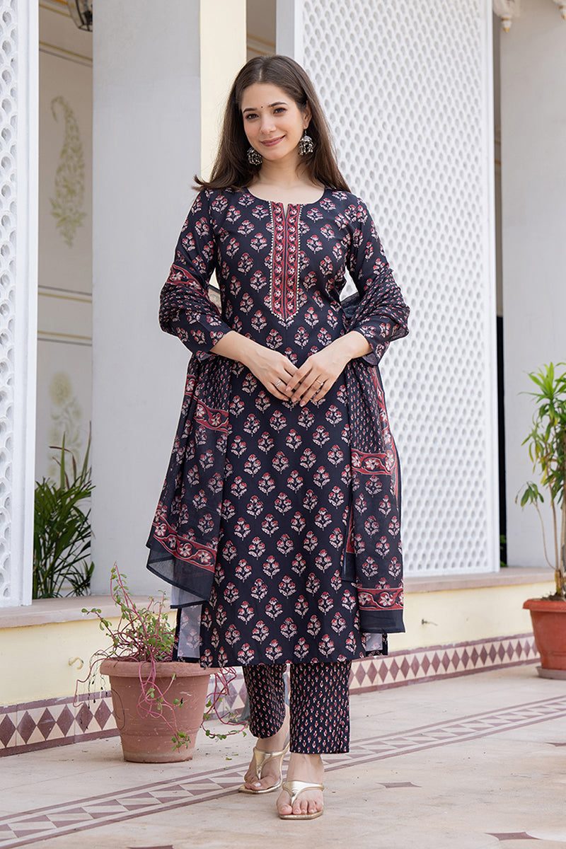 Black Printed Rayon Kurta Pant with Dupatta, 3pc set