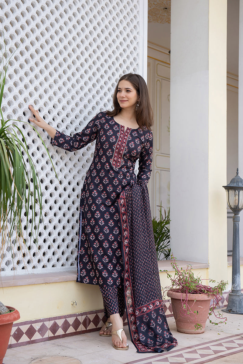 Black Printed Rayon Kurta Pant with Dupatta, 3pc set