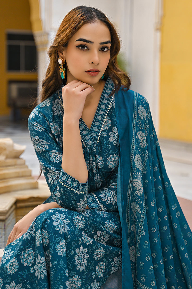 Blue Floral Printed Rayon Kurta Pant with Dupatta, 3pc set