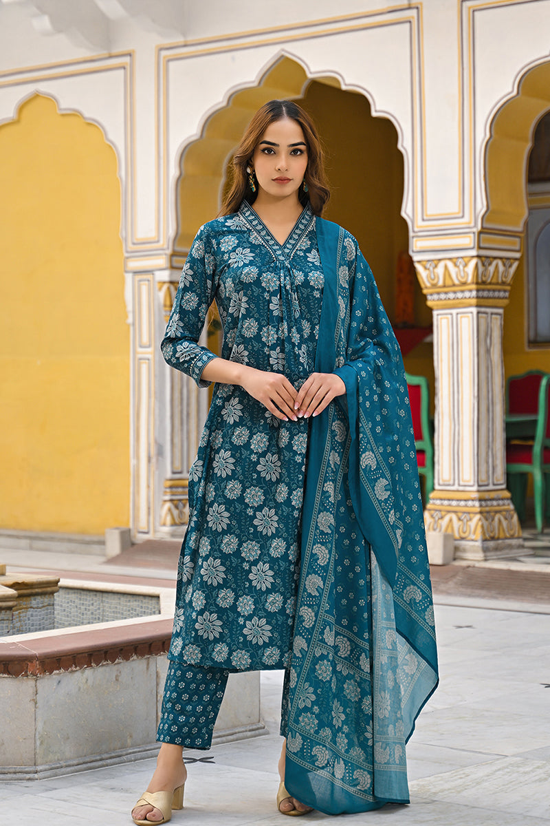 Blue Floral Printed Rayon Kurta Pant with Dupatta, 3pc set