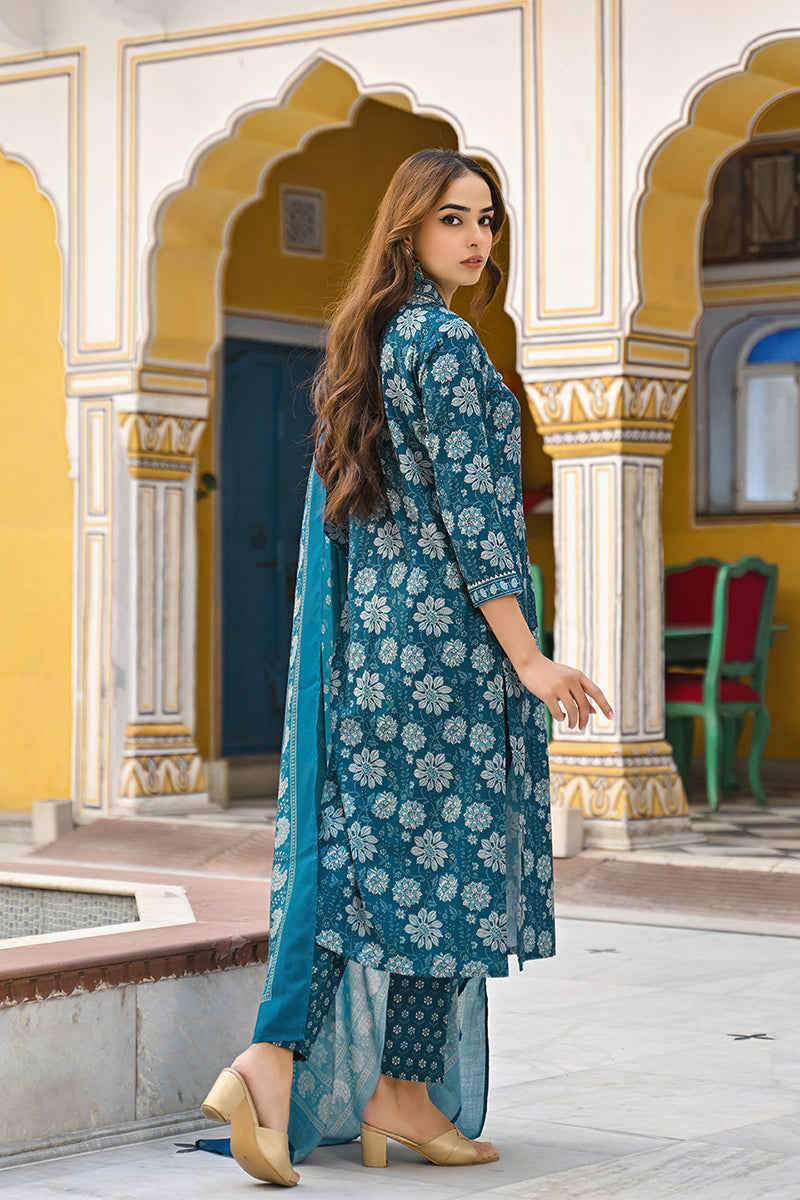 Blue Floral Printed Rayon Kurta Pant with Dupatta, 3pc set