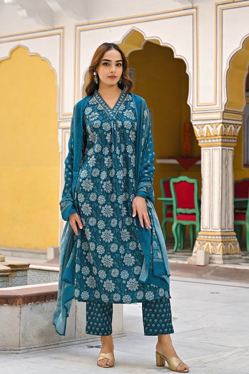 Blue Floral Printed Rayon Kurta Pant with Dupatta, 3pc set