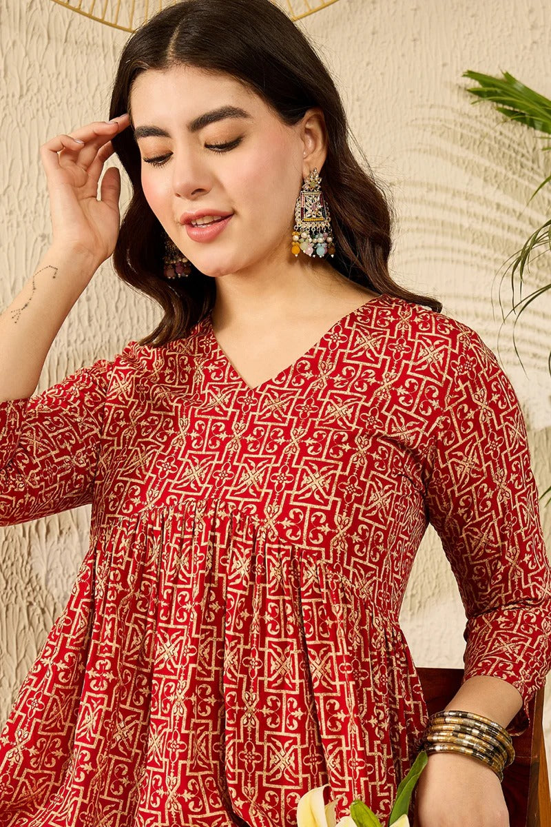 Red Viscose Rayon Ethnic Motifs Printed Regular Kurti Tunics