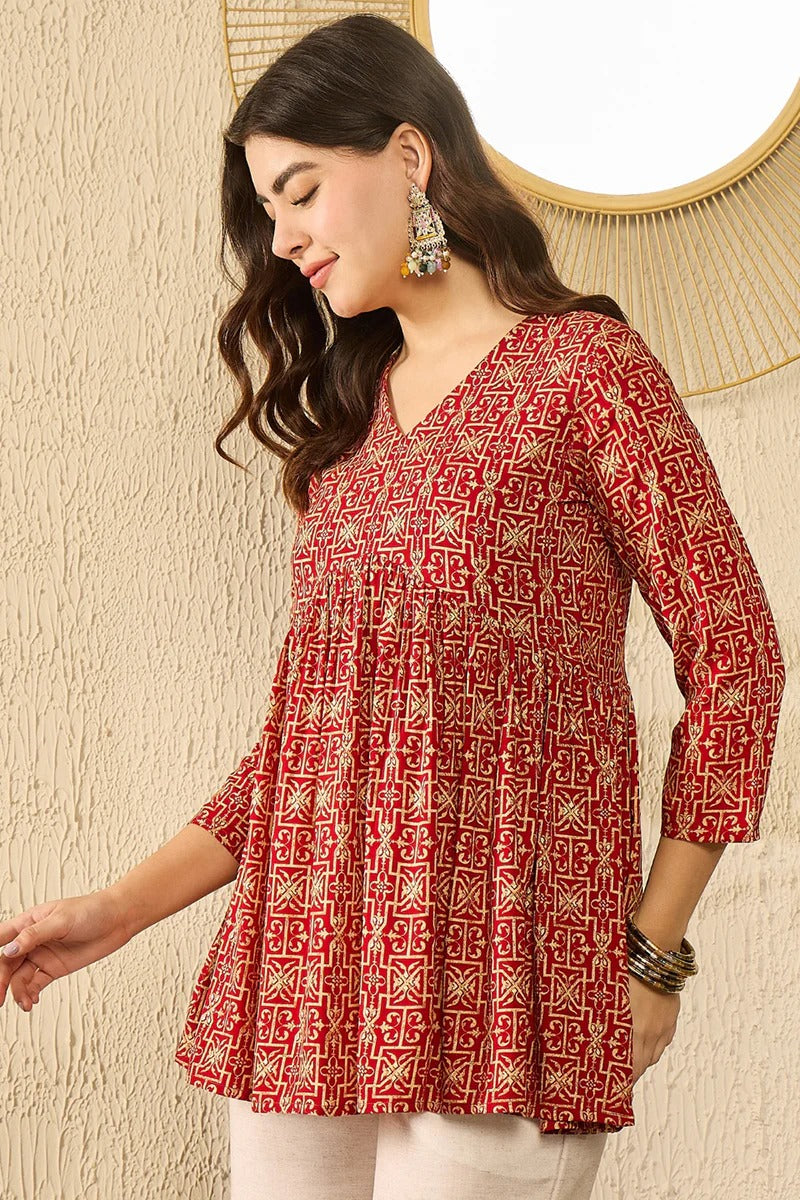 Red Viscose Rayon Ethnic Motifs Printed Regular Kurti Tunics