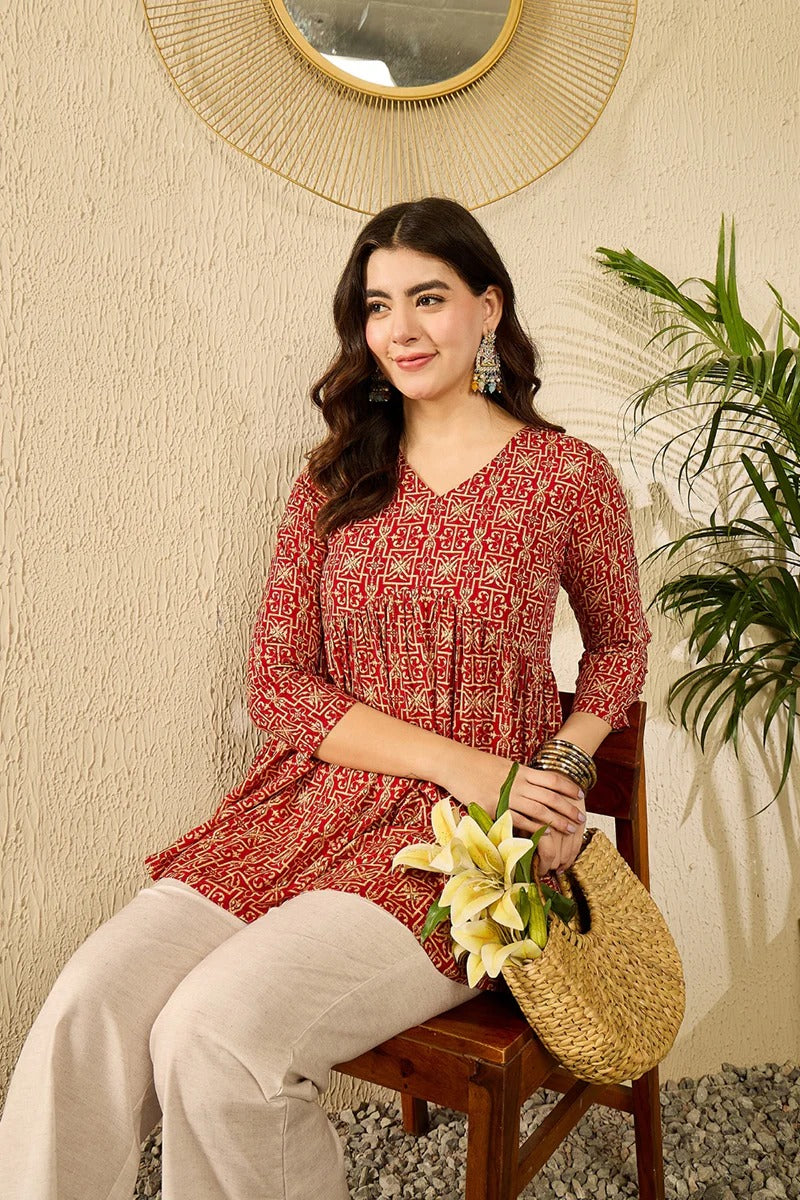 Red Viscose Rayon Ethnic Motifs Printed Regular Kurti Tunics