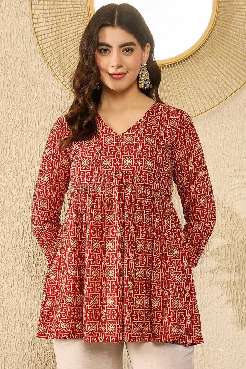 Red Viscose Rayon Ethnic Motifs Printed Regular Kurti Tunics