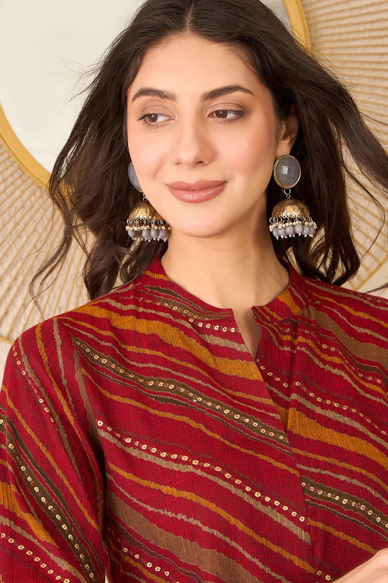 Red Cotton Blend Leheriya Printed Regular Top