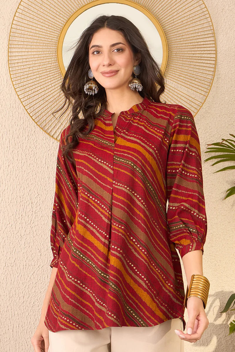Red Cotton Blend Leheriya Printed Regular Top