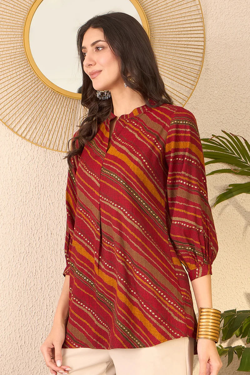 Red Cotton Blend Leheriya Printed Regular Top