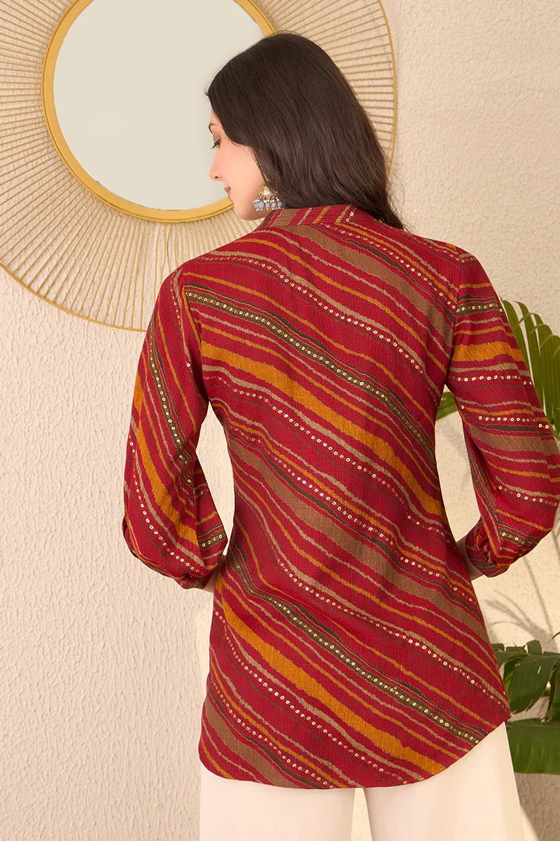Red Cotton Blend Leheriya Printed Regular Top