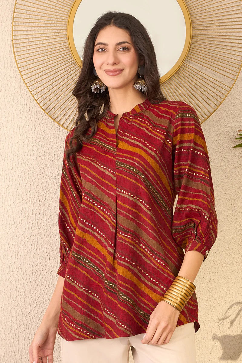 Red Cotton Blend Leheriya Printed Regular Top