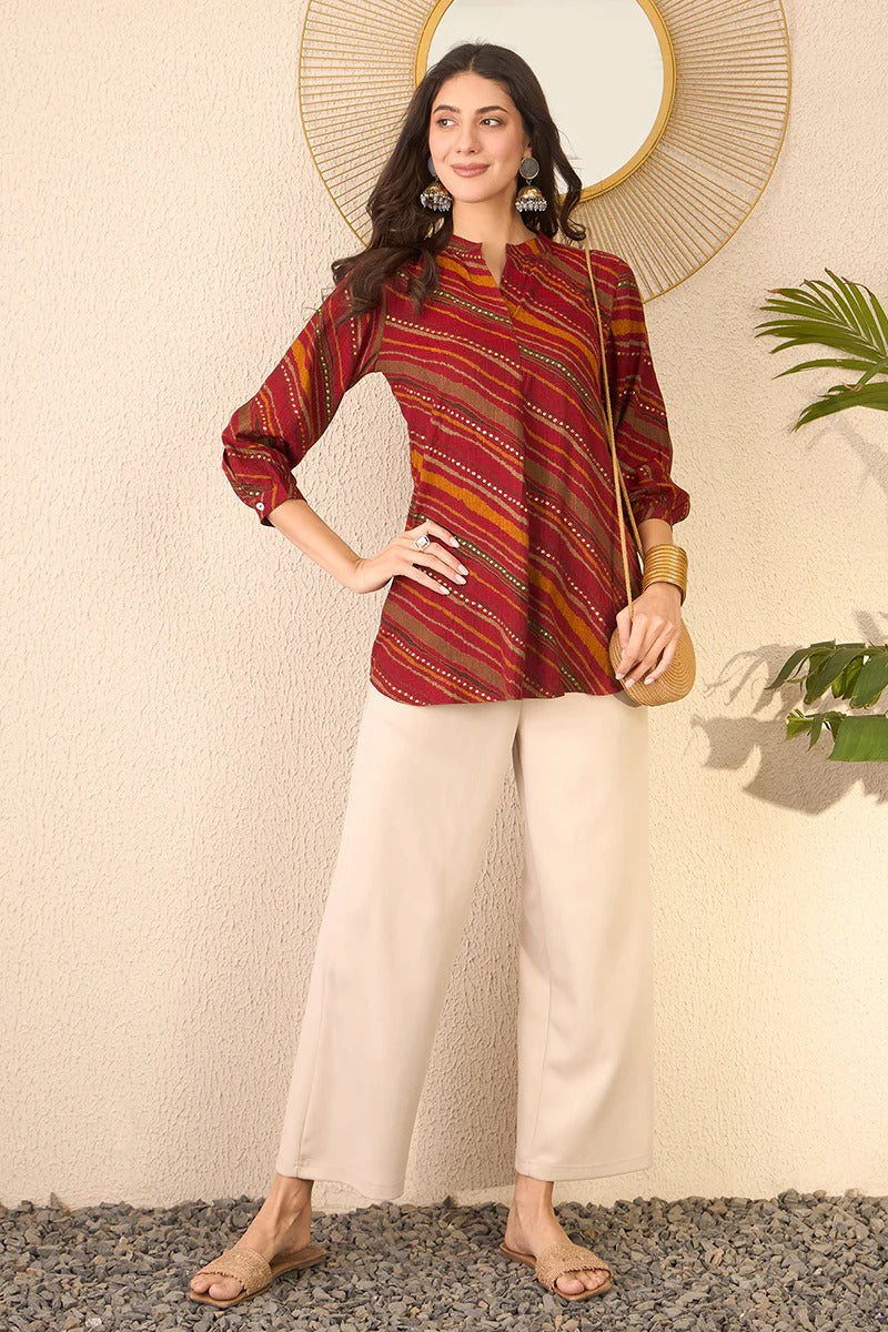 Red Cotton Blend Leheriya Printed Regular Top