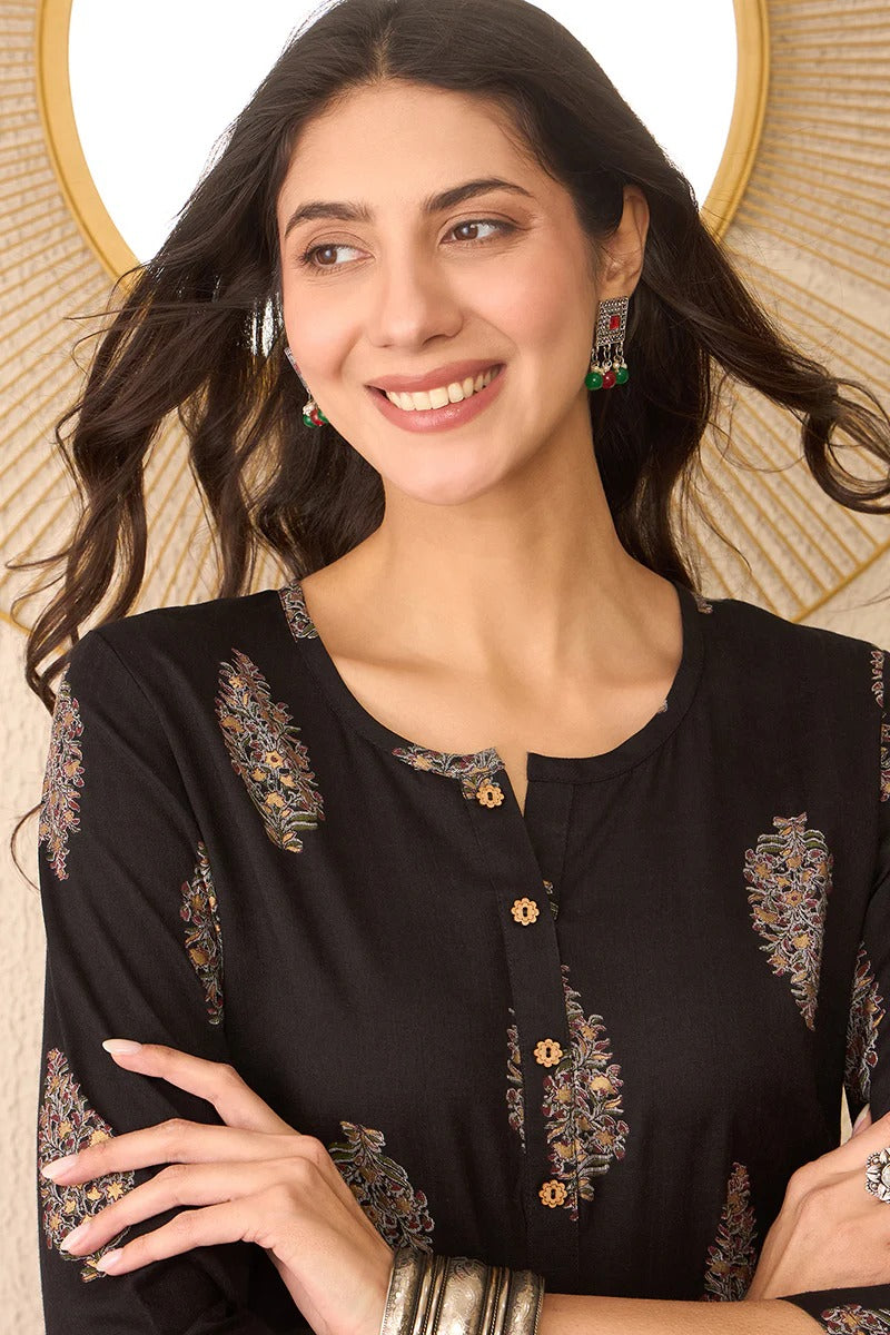 Black Cotton Blend Floral Printed Regular Top