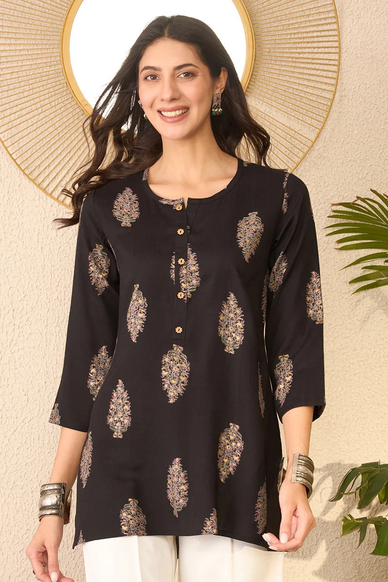 Black Cotton Blend Floral Printed Regular Top