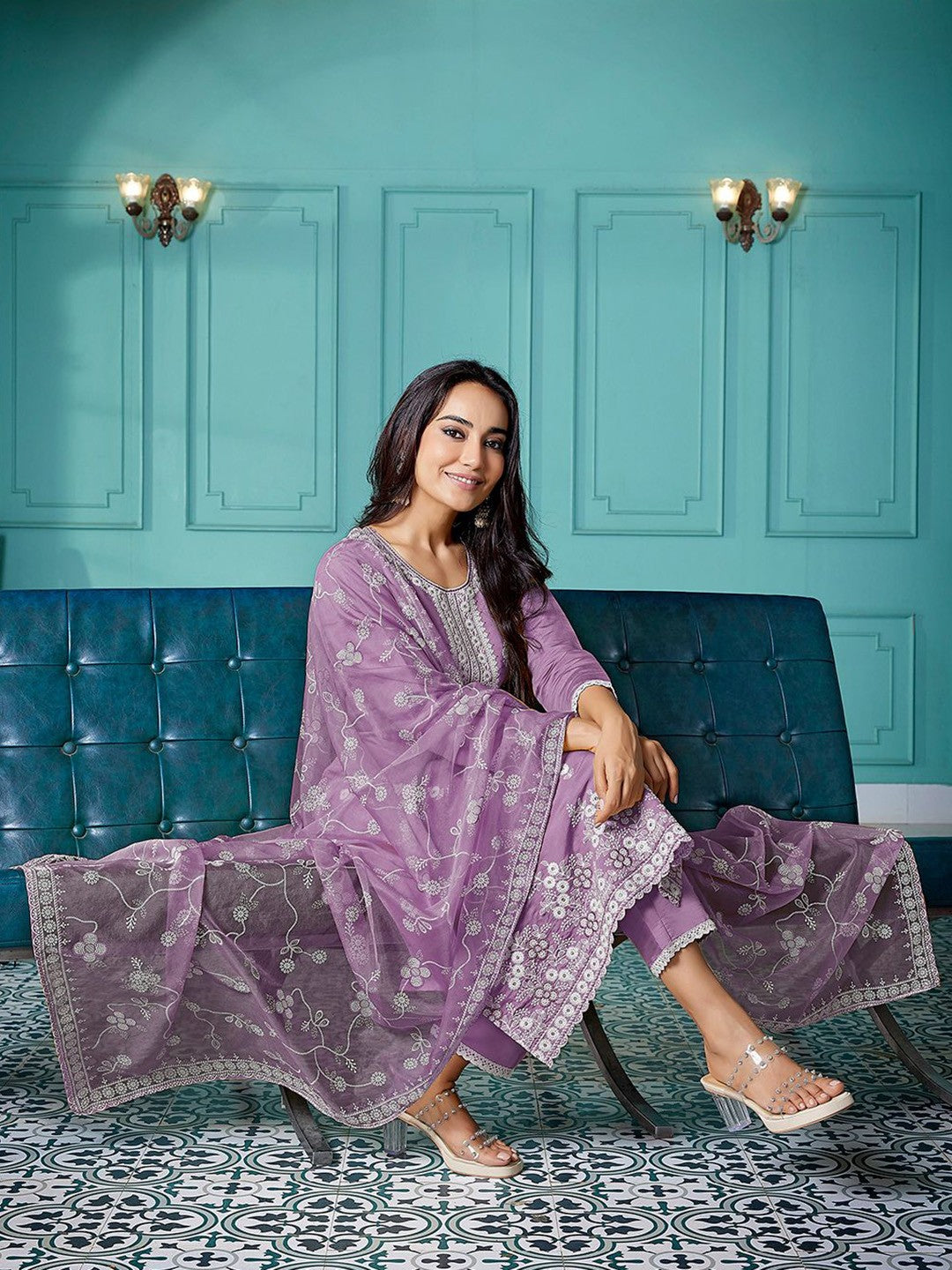 Purple Chanderi Ethnic Motifs Embroidered Straight Kurta Pant with Dupatta, 3pc, TK203
