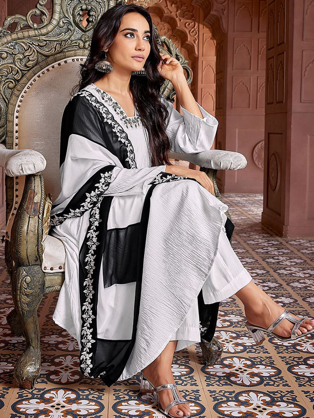 Black and white Yoke n Sequence Design Solid Flared Viscose Kurta Pant with Dupatta, 3pc, TK211