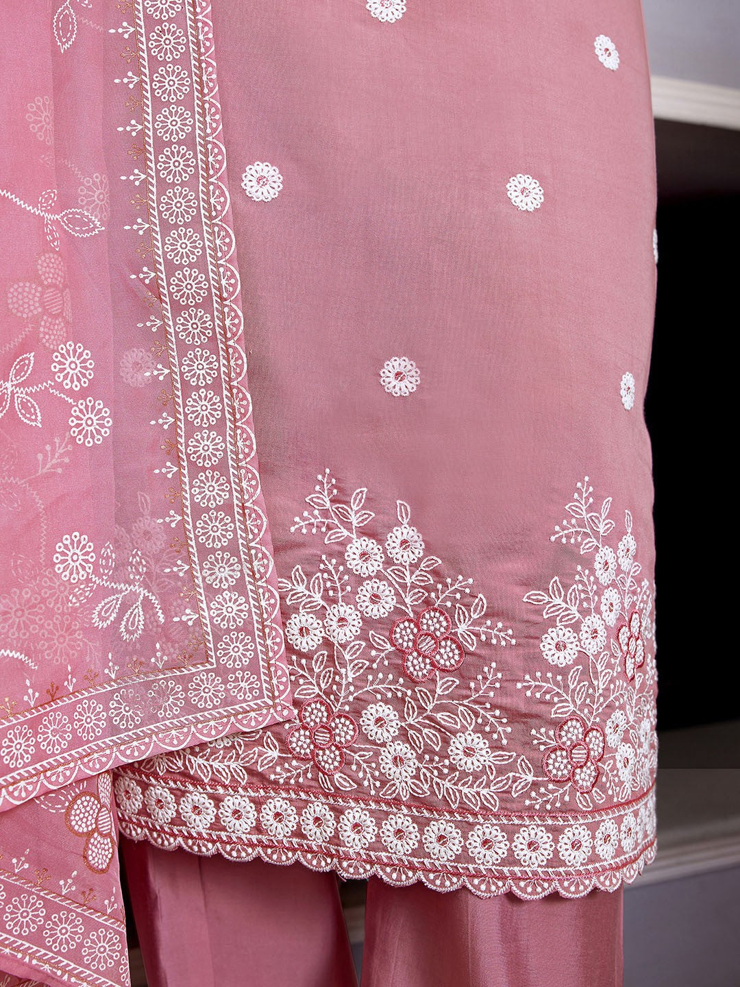 Pink Chanderi Ethnic Motifs Embroidered Straight Kurta Pant with Dupatta, 3pc, TK204