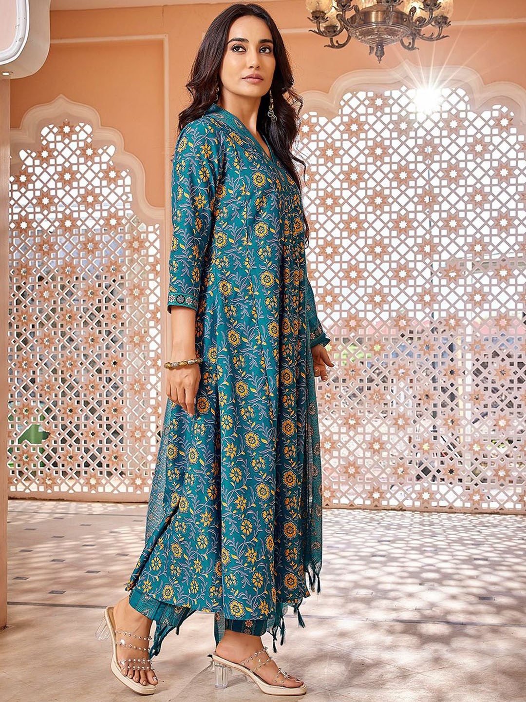 Teal Blue Floral Printed n Embroided Flared Viscose Kurta Pant with Dupatta, 3pc, TK201