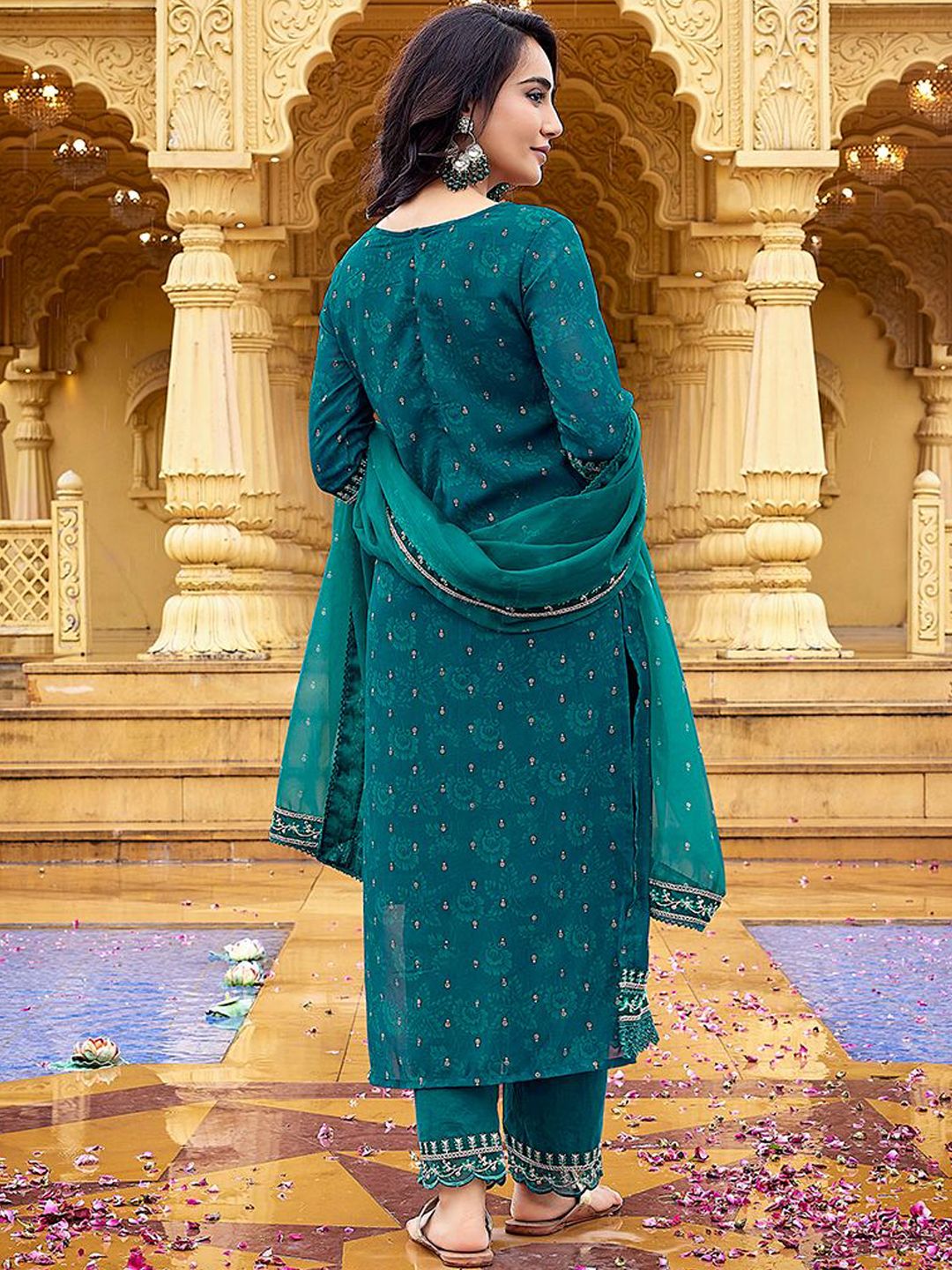 Rama Blue Faux Georgette Ethnic Motifs Embroidered Straight Kurta Pant with Dupatta, 3pc, TK200