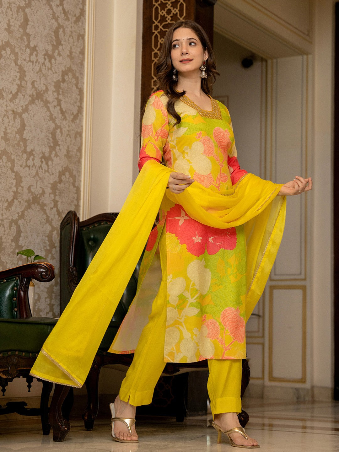 Yellow Floral Printed Rayon Kurta Pant with Dupatta, 3pc set