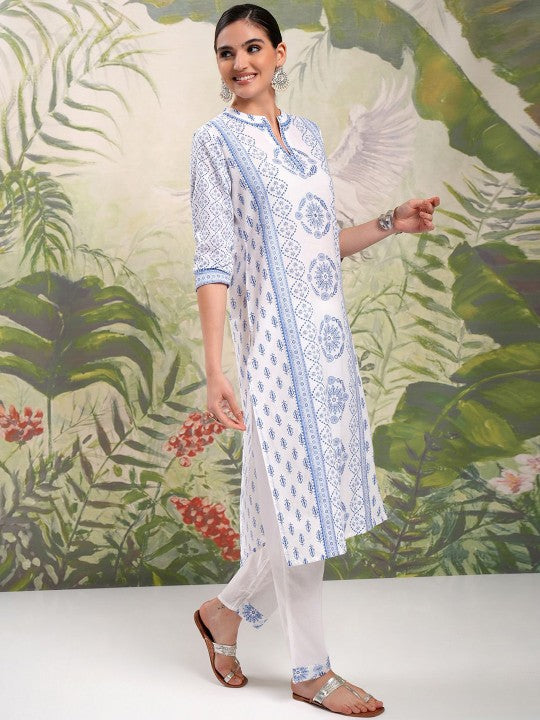 White& Blue Printed Viscose Suit set with dupatta, 3pc, TK180