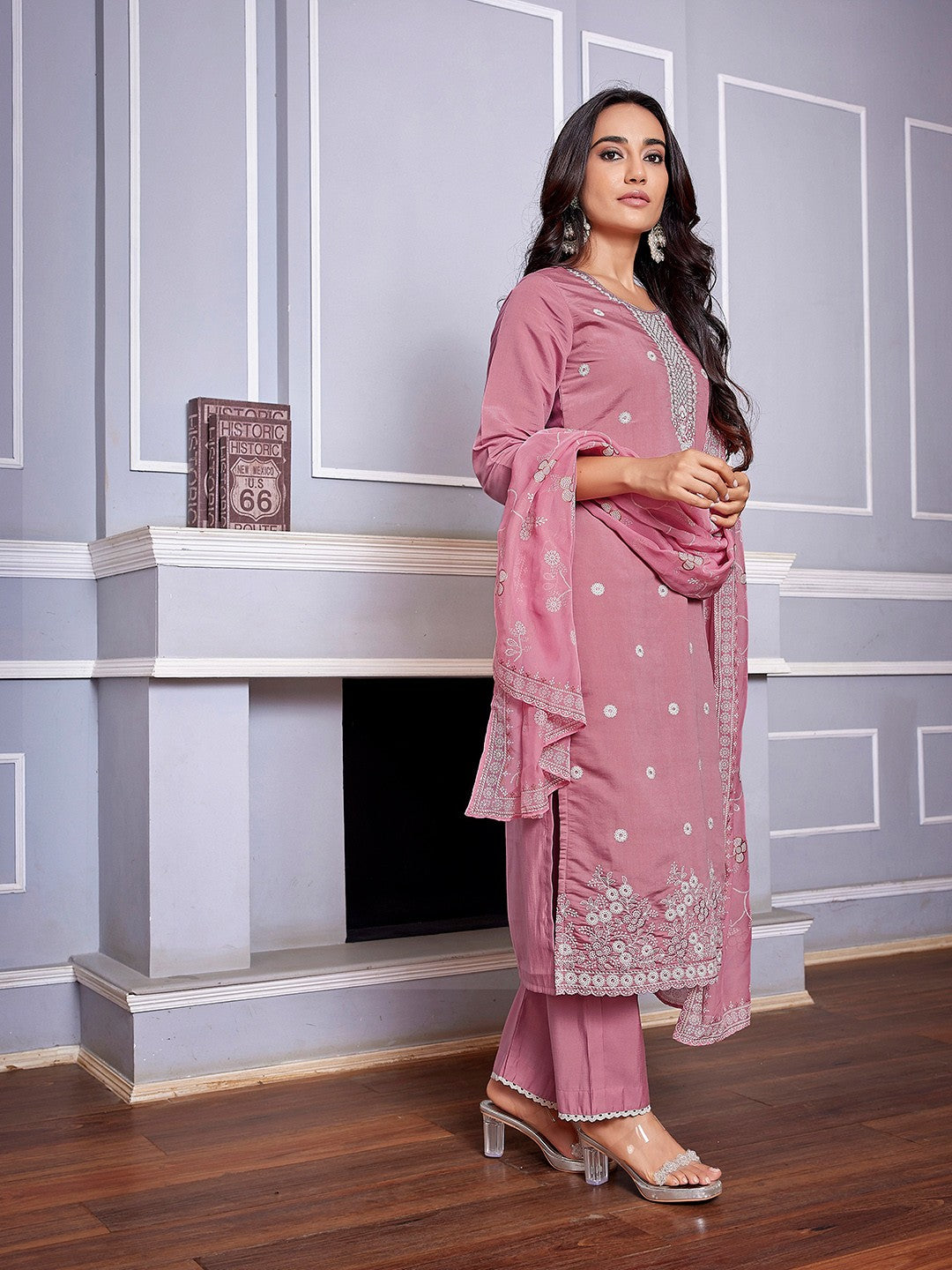 Pink Chanderi Ethnic Motifs Embroidered Straight Kurta Pant with Dupatta, 3pc, TK204