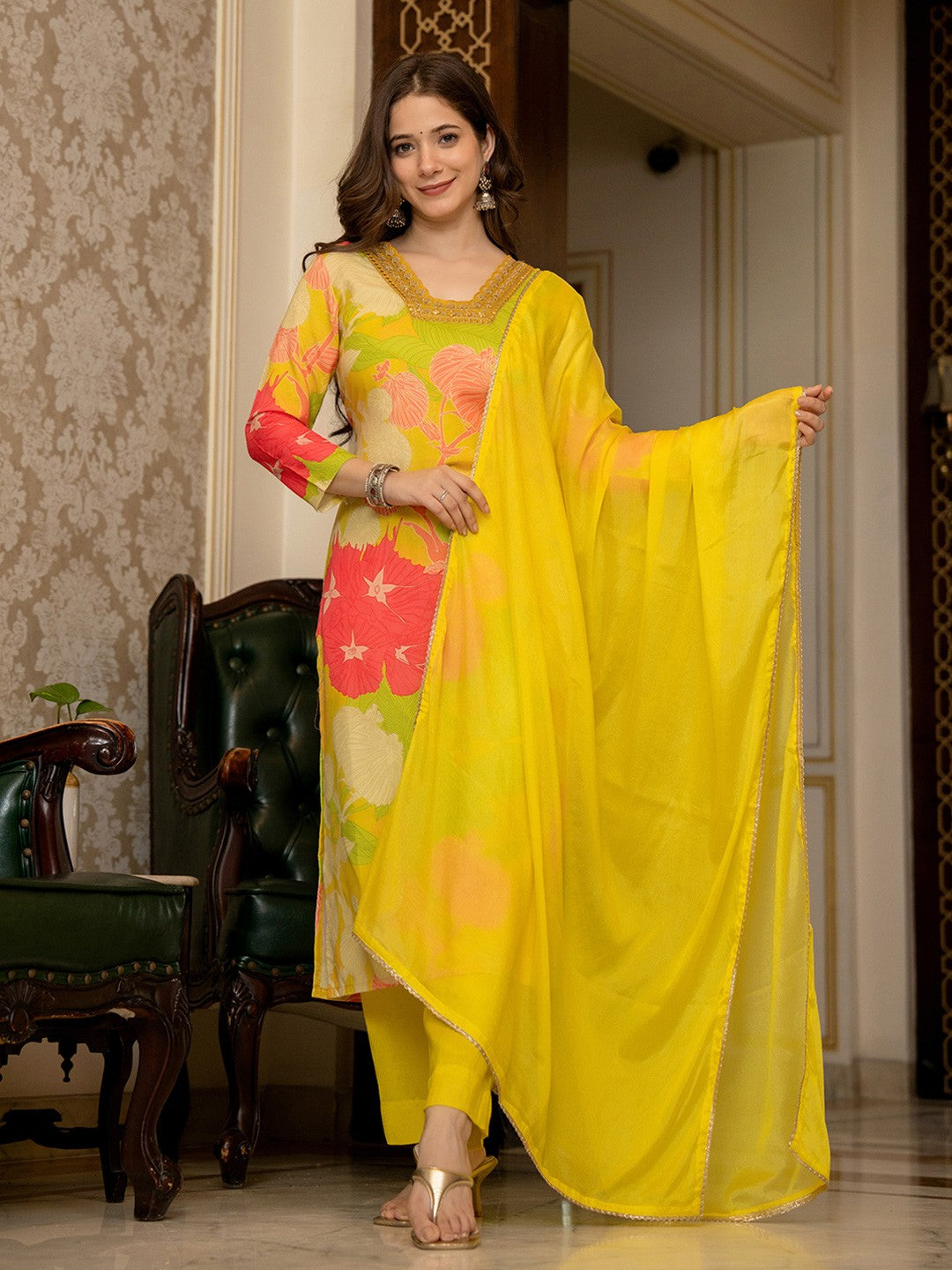 Yellow Floral Printed Rayon Kurta Pant with Dupatta, 3pc set