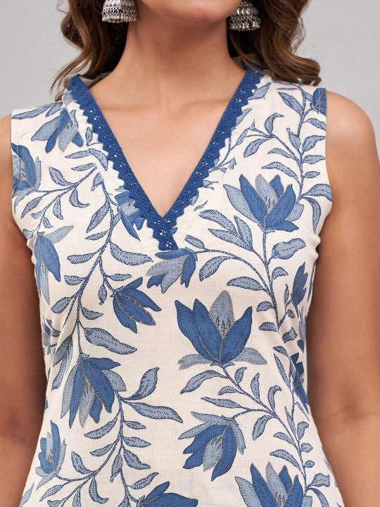 White & Grey Printed Cotton Sleevless Co-rd set, 2pc, TK164