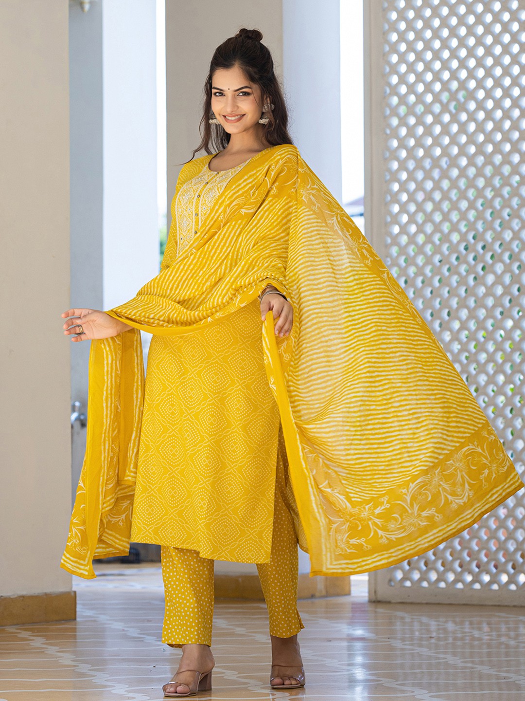 Yellow Bandhani Printed Viscose Kurta Pant with Dupatta, 3pc set