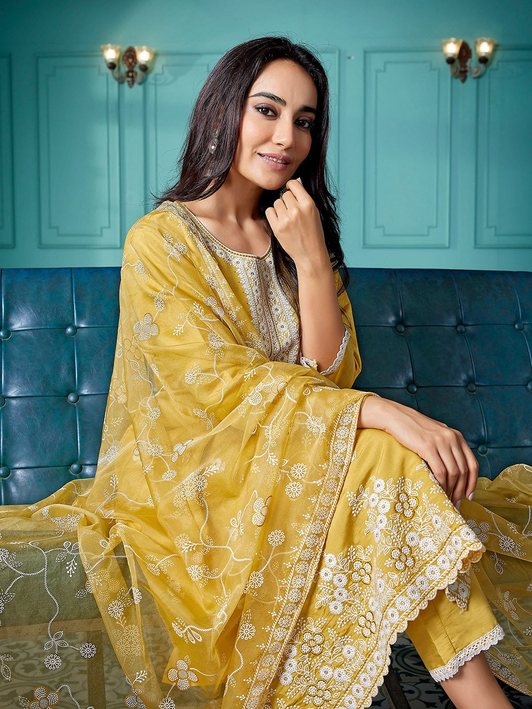 Yellow Chanderi Ethnic Motifs Embroidered Straight Kurta Pant with Dupatta, 3pc, TK202