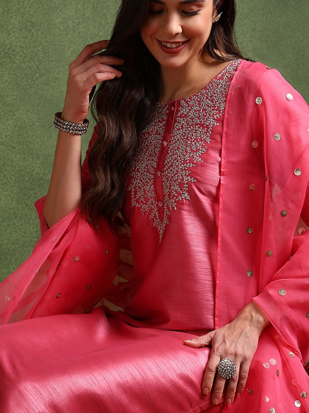 Shiny Poly Silk Embroidered Kurta Pant with Dupatta, 3pc set