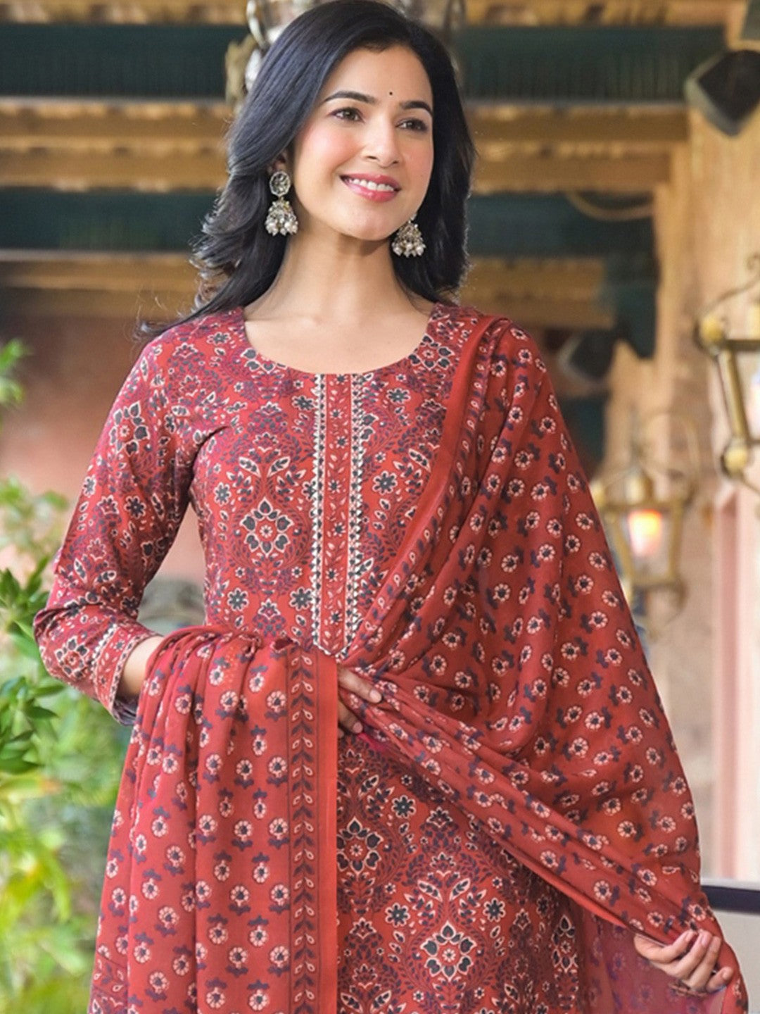 Red Printed Cotton Blend Kurta Pant with Dupatta, 3pc set