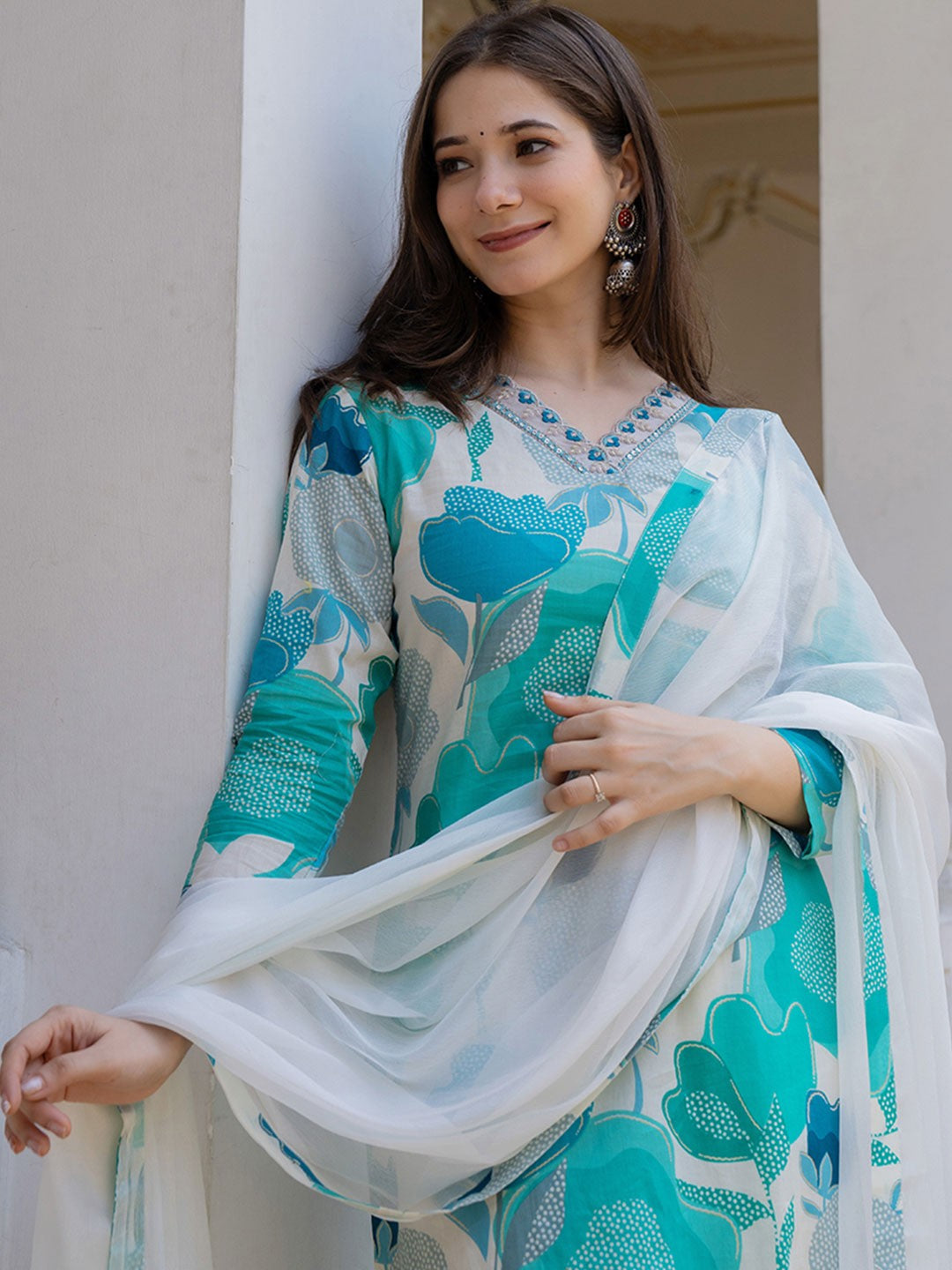 Blue & White Printed Rayon Kurta Pant with Dupatta, 3pc set
