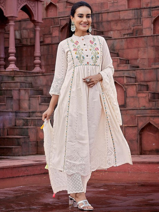 Off-white floral embroidered siot set with dupatta, 3pc, TK184