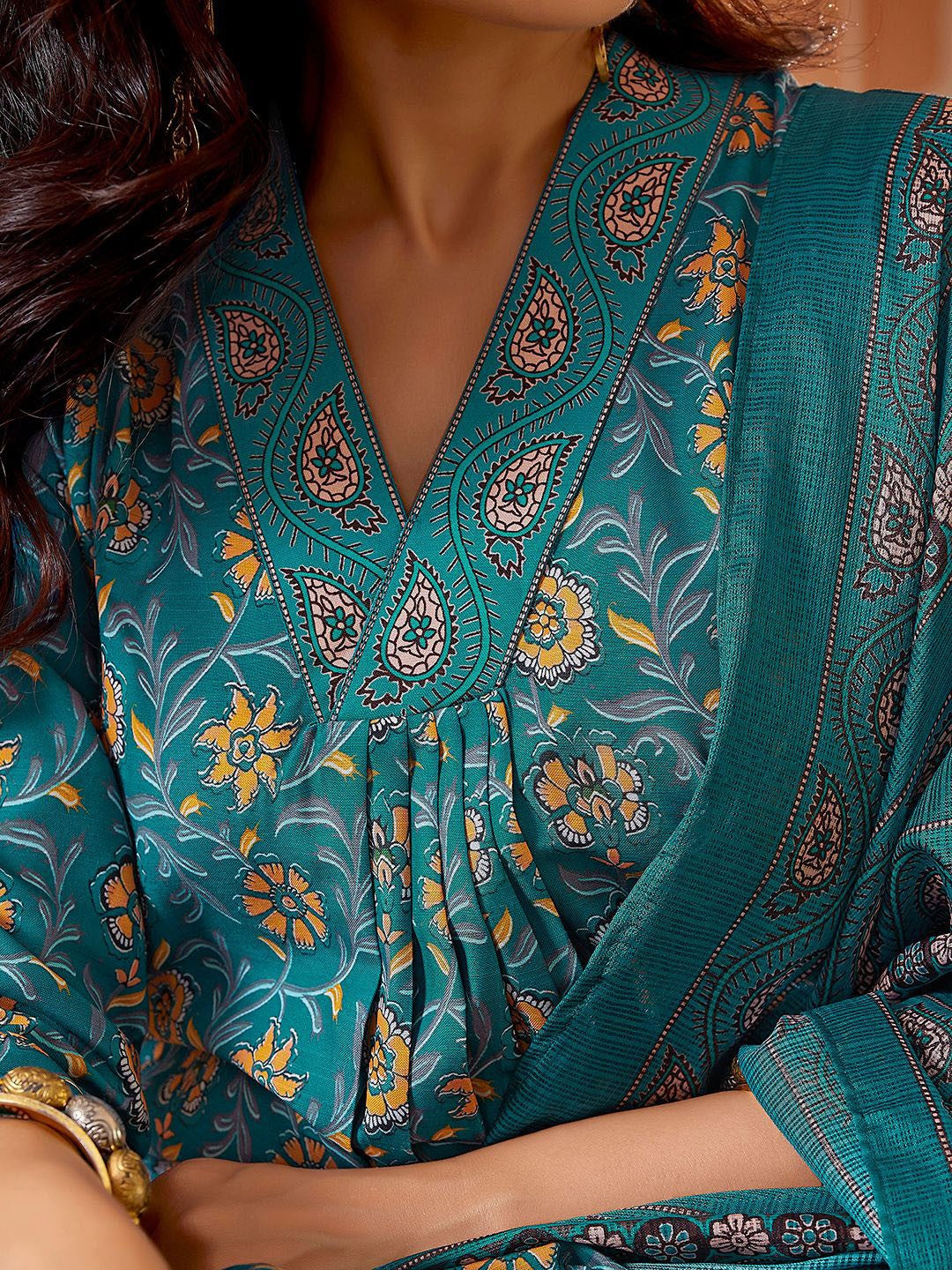 Teal Blue Floral Printed n Embroided Flared Viscose Kurta Pant with Dupatta, 3pc, TK201