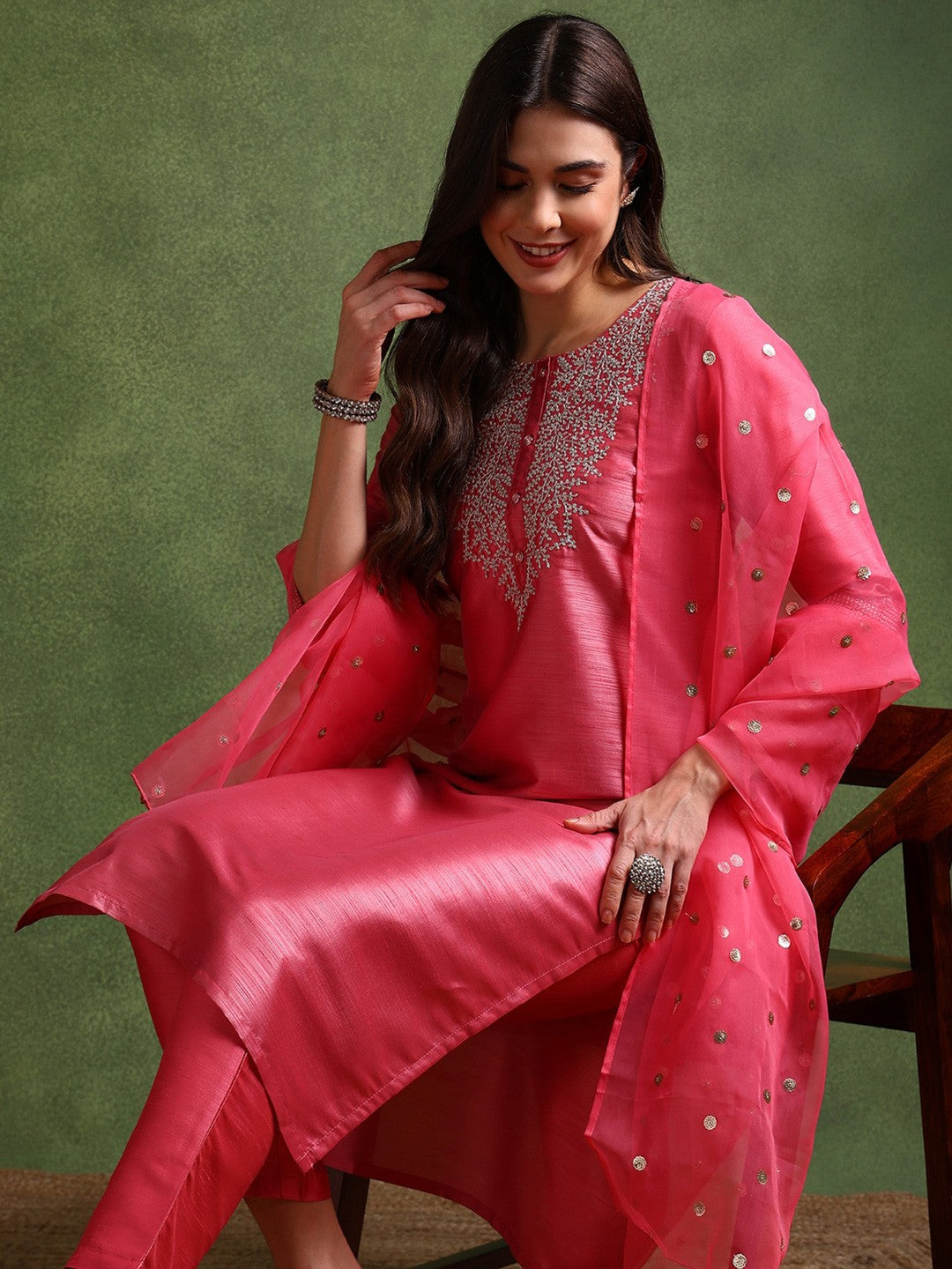 Shiny Poly Silk Embroidered Kurta Pant with Dupatta, 3pc set